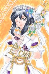 1girl airseden bridal_veil bride candlestand choker dress earrings fire_emblem fire_emblem:_genealogy_of_the_holy_war fire_emblem_heroes flower hair_flower hair_ornament highres holding holding_weapon jewelry larcei_(bride_of_astra)_(fire_emblem) larcei_(fire_emblem) looking_at_viewer marker_(medium) nintendo official_alternate_costume one_eye_closed rose sidelocks smile solo strapless strapless_dress tiara traditional_media vambraces veil weapon wedding wedding_dress white_dress white_flower white_rose