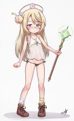 1girl absurdres black_panties blonde_hair boppin brown_footwear cameltoe camisole commentary english_commentary flat_chest full_body glasses hair_bun hat highres holding holding_staff loli mismatched_socks navel nurse_cap original panties round_eyewear see-through_clothes side-tie_panties signature simple_background single_side_bun socks solo staff standing underwear white_background white_camisole white_hat white_socks yellow_socks