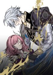 1boy 1girl bare_shoulders black_gloves blue_eyes closed_eyes coat commentary cyrene_(honkai:_star_rail) fingerless_gloves gloves gold_blood hair_ornament hand_on_another&#039;s_shoulder highres honkai:_star_rail honkai_(series) ilsijeongj2213 korean_commentary medium_hair phainon_(honkai:_star_rail) pink_hair purple_coat short_hair white_background white_coat white_hair