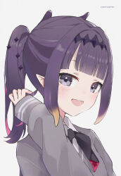 Rule 34 | 1girl, absurdres, arata ryou, blush, fang, grey sweater, highres, hololive, hololive english, looking at viewer, medium hair, mole, mole under eye, ninomae ina&#039;nis, ninomae ina&#039;nis (school uniform), official alternate costume, ponytail, purple eyes, purple hair, smile, solo, sweater, virtual youtuber
