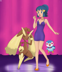 1girl alternate_costume alternate_hairstyle armpit_crease armpits artist_name blue_eyes blue_hair breasts cleavage clenched_hand collarbone curtains dawn_(pokemon) dress eyelashes eyeshadow fankifalu feet_up female_focus full_body gen_4_pokemon hair_ornament hairclip hand_up heart heart-shaped_pupils high_heels highres jewelry knees_together_feet_apart legs long_hair looking_to_the_side lopunny makeup matching_hair/eyes neck necklace nintendo no_bra no_socks one_eye_closed open_mouth orange_shoes outstretched_arm pearl_necklace piplup pokemon pokemon_dppt ponytail purple_dress ring shoes short_dress sidelocks size_difference sleeveless sleeveless_dress small_breasts spaghetti_strap standing standing_on_one_leg symbol-shaped_pupils v-shaped_eyebrows wink