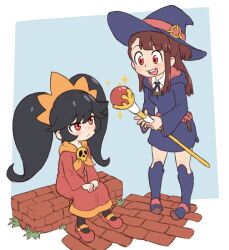 2girls :d ashley_(warioware) beachepisode boots brown_hair closed_mouth commentary crossover dress english_commentary hairband hat highres holding holding_staff kagari_atsuko little_witch_academia long_hair long_sleeves looking_at_another multiple_girls nintendo open_mouth purple_boots purple_dress red_dress red_eyes red_shoes shoes sitting smile staff standing teeth twintails upper_teeth_only warioware witch witch_hat