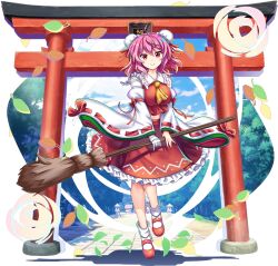 Rule 34 | 1girl, ahoge, bandaged arm, bandages, breasts, broom, cosplay, detached sleeves, double bun, frilled skirt, frills, full body, game cg, hair bun, hakurei reimu, hakurei reimu (cosplay), hakurei shrine, highres, holding, holding broom, ibaraki kasen, large breasts, mary janes, medium hair, midriff peek, navel, official alternate costume, official art, pink hair, red eyes, rotte (1109), shoes, skirt, solo, third-party source, torii, touhou, touhou lostword
