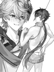2boys alternate_costume ass bare_legs blush crossdressing g-string genshin_impact greyscale hand_between_thighs highres monochrome multiple_boys tartaglia_(genshin_impact) tartali.club thong white_background yaoi yzszy zhongli_(genshin_impact)