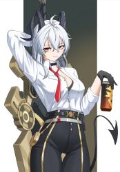 1girl arm_behind_head black_choker black_gloves black_horns black_pants black_tail breasts can choker closed_mouth collared_shirt commentary cowboy_shot curled_horns demon_tail drink_can english_commentary gloves hair_between_eyes hazeillusts high-waist_pants holding holding_can holding_sword holding_weapon horns large_breasts long_hair looking_at_viewer loose_necktie mole mole_under_eye necktie pants partially_unbuttoned red_eyes red_necktie shirt shirt_tucked_in solo sword tail thigh_gap weapon white_hair white_shirt wuthering_waves zani_(wuthering_waves)