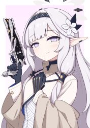 1girl absurdres black_gloves black_headband blue_archive blue_background blush bodysuit border brown_jacket closed_mouth commentary crossed_legs destiny_(game) flower gloves gun hair_flower hair_ornament halo hand_on_own_chest handgun headband highres himari_(blue_archive) holding holding_gun holding_weapon jacket long_hair looking_at_viewer lumina_(destiny) mole mole_under_eye multicolored_halo off_shoulder official_alternate_costume open_clothes open_jacket pointy_ears purple_eyes revolver simple_background sitting smile solo trigger_discipline two-tone_halo weapon white_background white_bodysuit white_border white_hair white_halo zddma20