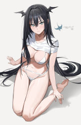 1girl absurdres animal aqua_eyes bare_arms bare_legs barefoot bikini black_hair breasts cleavage closed_mouth collarbone crop_top dated expressionless feet freng gradient_background grey_eyes groin hair_intakes hair_spread_out head_wings highleg highleg_bikini highres large_breasts long_hair looking_at_viewer manta_ray multi-strapped_bikini navel original shadow shirt short_sleeves sitting solo stomach swimsuit thighs tsurime very_long_hair wariza white_background white_bikini white_shirt wings