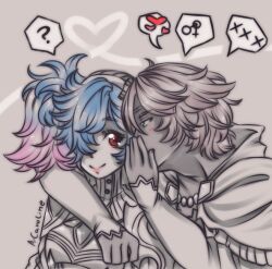 1boy 1girl ? arm_around_neck blue_hair couple fire_emblem fire_emblem_fates heart hetero interlocked_mars_and_venus_symbols leitz_acaroline mars_symbol multicolored_hair niles_(fire_emblem) nintendo peri_(fire_emblem) pink_hair speech_bubble two-tone_hair venus_symbol whispering_in_ear