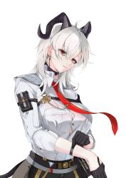 1girl absurdres ahoge arm_pouch black_choker black_gloves black_horns black_pants black_pouch breasts button_gap chest_harness choker closed_mouth commentary cowboy_shot curled_horns earrings gloves harness highres horns jewelry key_earrings kraben large_breasts long_hair looking_at_viewer necktie pants parted_lips red_eyes red_necktie shirt shirt_tucked_in simple_background solo white_background white_shirt wuthering_waves zani_(wuthering_waves)