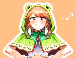 1girl animal_hood aqua_choker blouse braid breasts capelet choker closed_mouth commentary crop_top ddolbang eighth_note english_commentary frog_hood green_capelet green_hair hair_flaps hands_on_own_hips highres hololive hololive_english hood hood_up hooded_capelet long_hair looking_at_viewer low_twin_braids low_twintails medium_breasts multicolored_hair musical_note official_alternate_costume official_alternate_hairstyle orange_background orange_hair purple_eyes shirt smile smirk smug solo streaked_hair swept_bangs takanashi_kiara takanashi_kiara_(casual) twin_braids twintails virtual_youtuber white_shirt