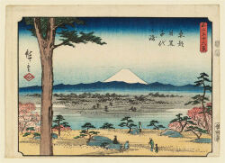 Rule 34 | 19th century, 5boys, ando hiroshige, blossom, blue sky, cane, fine art parody, gradient sky, grass, highres, japan, katana, landscape, mount fuji, mountain, multiple boys, nihonga, parody, scenery, sitting, sky, sword, thirty-six views of mount fuji (hiroshige), traditional media, translation request, tree, ukiyo-e, volcano, weapon