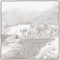 6+girls backpack bag coat commentary_request fog furry furry_female greyscale kikurage_(crayon_arts) monochrome mountain multiple_girls original outdoors pointing rabbit_girl short_hair twintails wide_shot