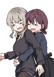 2girls black_pantyhose black_skirt black_sweater blue_shirt blush brown_hair closed_eyes commentary_request earclip girls_band_cry habsida_(habsida_hpy) highres hug hug_from_behind iseri_nina kawaragi_momoka korean_commentary long_sleeves multiple_girls open_mouth pantyhose shirt short_twintails simple_background skirt smile suspender_skirt suspenders sweater twintails white_background yuri
