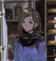 1girl black_stole blue_dress brown_hair closed_mouth dress grey_eyes hair_bun hair_ornament highres kyokugen_dasshutsu kyokugen_dasshutsu:_9_jikan_9_nin_9_no_tobira kurashiki_akane shelf single_hair_bun solo stole ufoberet