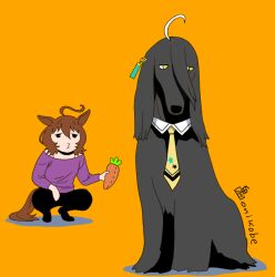 Rule 34 | 1girl, agnes tachyon (umamusume), ahoge, animal ears, black eyes, black pants, brown hair, carrot, commentary request, dog, full body, holding, holding carrot, horse ears, horse girl, horse tail, manhattan cafe (umamusume), necktie, onikobe rin, orange background, pants, purple shirt, shirt, simple background, solo, squatting, tail, umamusume, yellow necktie