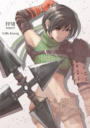 absurdres armpits black_hair green_turtleneck highres midriff navel redroof-kou short_hair shorts shuriken smirk unbuttoned_pants weapon yuffie_kisaragi