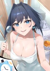 1girl absurdres alternate_costume apron artist_request black_hair blue_eyes breasts clock door earrings food highres hololive hololive_english jewelry kitchen ladle large_breasts light_blush open_mouth ouro_kronii plate pov smile stew virtual_youtuber