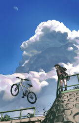 1girl absurdres ahoge awa_subaru bicycle black_hair black_jacket black_skirt black_socks check_copyright cloud cloud_nine_(798392138) commentary copyright_request day english_commentary girls_band_cry highres jacket long_hair moon necktie open_clothes open_jacket pleated_skirt railing red_necktie shirt sidelocks skirt socks solo white_shirt wide_shot