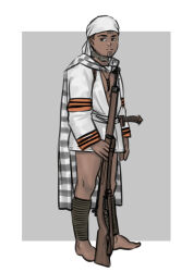 1boy arisaka bad_tag bandana barefoot black_eyes black_hair bolt-action_rifle bolt_action cloak dark-skinned_male dark_eyes dark_skin framed gun gun_sling highres hilt holding holding_gun holding_weapon jewelry mardjan necklace original rifle seediq seediq_warrior taiwan taiwan_(nationality) tribal tribal_clothes tribal_mark weapon