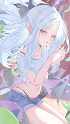 1girl 2arlcevpxn83807 absurdres ahoge black_halo blue_archive blush breasts demon_girl demon_horns demon_wings halo highres hina_(blue_archive) horns long_hair looking_at_viewer purple_eyes shirt short_shorts shorts sitting small_breasts solo white_hair white_shirt wings
