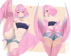 Rule 34 | 1girl, ahoge, armpits, ass, bird girl, blacksaikou, blush, breasts, closed mouth, cosplay, crop top, denim, denim shorts, from behind, hair between eyes, heart, lips, looking at viewer, medium breasts, mole, mole under eye, monster musume no iru nichijou, multiple views, navel, open mouth, panties, panty peek, papi (monster musume), papi (monster musume) (cosplay), pink eyes, pink hair, short shorts, shorts, simple background, smile, split, standing, standing on one leg, standing split, stomach, unbuttoned, underwear, white background, white panties, winged arms, wings, yellow eyes