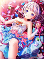 1girl baizu_(guszx) bare_shoulders blue_eyes blue_gemstone blush braid breasts closed_mouth cowboy_shot dress gem gem_hair_ornament grey_hair hair_ornament highres holding holding_ribbon jewelry keyhole looking_at_viewer lying on_back pink_gemstone pleated_skirt ribbon shironeko_project short_hair skirt small_breasts smile solo tina_topia