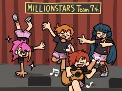 4girls :d acoustic_guitar arm_up black_shirt blonde_hair blue_hair blunt_bangs blunt_ends cartoonized closed_eyes curtains dancing english_text eyelashes facial_mark fis_(t83192933) forehead grey_footwear guitar hair_over_eyes handstand holding holding_guitar holding_instrument idolmaster idolmaster_million_live! idolmaster_million_live!_theater_days instrument julia_(idolmaster) kitakami_reika long_hair maihama_ayumu multicolored_hair multiple_girls music musical_note one_arm_handstand one_eye_closed open_hand open_mouth orange_hair parted_bangs pink_hair pink_shorts pointing pointing_at_another ponytail red_hair shirt short_hair short_sleeves shorts singing sitting smile sparkle stage stage_curtains standing star_(symbol) star_facial_mark t-shirt toon_(style) twintails two-tone_hair v-shaped_eyebrows very_long_hair yabuki_kana