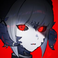 Rule 34 | 1girl, au ra, black sclera, bob cut, colored sclera, fang, final fantasy, final fantasy xiv, forward facing horns, glowing, glowing eyes, hairband, highres, horn ornament, horn ring, horns, inverted bob, looking at viewer, millimetre 0, parted lips, portrait, red background, red eyes, scales, sidelocks, simple background, skin fang, solo, warrior of light (ff14)