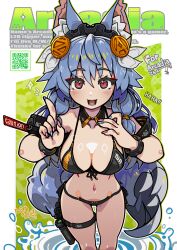 1girl animal_ear_fluff arcadia_zero bikini black_bikini blue_hair blue_nails bracelet breasts detached_collar hair_between_eyes headdress highres holster hood hooded_jacket indie_virtual_youtuber jacket jewelry long_hair medium_breasts nancou_(nankou) navel pink_nails red_eyes solo swimsuit thigh_holster virtual_youtuber
