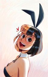 Rule 34 | 1girl, absurdres, animal ears, black eyes, black hair, black leotard, blonde hair, breasts, commentary, detached collar, english commentary, fake animal ears, friedbaens, from side, glasses, heart, highres, leotard, looking at viewer, medium breasts, multicolored hair, open mouth, original, playboy bunny, rabbit ears, round eyewear, solo, sparkle, strapless, strapless leotard, teeth, two-tone hair, upper teeth only