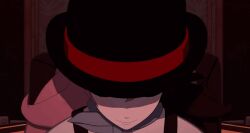 1girl 3d animated animated_gif blue_eyes brown_hair curious_cat_(rwby) hat multicolored_hair neopolitan_(rwby) pink_hair possessed possession rwby sharp_teeth teeth two-tone_hair