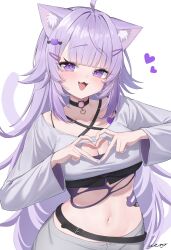 1girl :3 :d absurdres ahoge ai_(u_e_o_o) animal_ear_fluff animal_ears belt black_belt black_choker blunt_bangs cat_ears cat_girl cat_hair_ornament cat_tail choker cleavage_cutout clothing_cutout commentary criss-cross_halter fang four-finger_heart_hands hair_ornament hairclip halterneck heart heart_cutout heart_hands highres hololive long_hair long_sleeves looking_at_viewer messy_hair midriff navel nekomata_okayu nekomata_okayu_(personya_respect) o-ring o-ring_choker official_alternate_costume official_alternate_hair_length official_alternate_hairstyle open_mouth purple_eyes purple_hair shirt simple_background skin_fang smile solo symbol-only_commentary tail transparent_background very_long_hair virtual_youtuber white_shirt