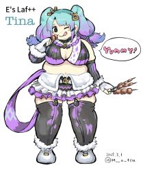 1girl blue_hair blush bra breasts cleavage commentary_request crop_top detached_sleeves e&#039;s_laf full_body gloves highres holding holding_skewer ink large_breasts matsupuni multicolored_hair one_eye_closed plump purple_hair quad_tails skewer solo thick_thighs thighs underwear