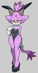 1girl absurdres arm_behind_back bare_legs black_footwear blaze_the_cat blush cat_girl cat_tail eyelashes fiinel forehead_jewel furry furry_female gloves hand_on_own_chest high_heels highres leotard looking_down playboy_bunny ponytail purple_fur simple_background sonic_(series) tail white_gloves yellow_eyes