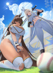 2girls 767_(pixiv973307689) absurdres ball baseball_(object) baseball_bat baseball_jersey baseball_uniform blanc_(nikke) blanc_(no._77_batter)_(nikke) blue_sky breasts brown_hair cloud commentary_request dark-skinned_female dark_skin goddess_of_victory:_nikke highres holding holding_baseball_bat jersey kneeling large_breasts long_hair medium_breasts midriff multiple_girls navel no_panties noir_(baseball_cheerleader)_(nikke) noir_(nikke) official_alternate_costume on_grass outdoors pants shirt sky sportswear sun very_long_hair white_hair white_pants white_shirt yellow_eyes