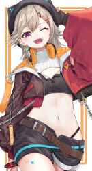 Rule 34 | 1girl, animal hat, belt, black gloves, black hat, black shorts, blonde hair, brown belt, cat hat, commentary request, cropped jacket, facial mark, fingerless gloves, gloves, hair ornament, hairclip, hat, headphones, headphones around neck, highres, jacket, komori met, komori met (5th costume), looking at viewer, navel, one eye closed, open clothes, open jacket, open mouth, orange eyes, shorts, solo, teeth, upper teeth only, virtual youtuber, vspo!, yu sa1126