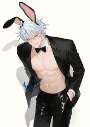 1boy abs alternate_costume animal_ear_hairband animal_ears antenna_hair black_bow black_bowtie black_jacket black_pants blue_eyes bow bowtie commentary cowboy_shot detached_collar fake_animal_ears hairband hand_in_pocket highres honkai:_star_rail honkai_(series) iorighin jacket looking_at_viewer male_focus male_playboy_bunny neck_tattoo open_clothes open_jacket pants parted_bangs phainon_(honkai:_star_rail) rabbit_ear_hairband rabbit_ears short_hair simple_background solo sun_symbol sun_tattoo tan tattoo toned toned_male twitter_username watermark white_background white_hair