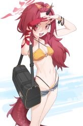 1girl absurdres bag bare_shoulders bikini blue_archive blue_shorts bracelet breasts denim denim_shorts dragon_tail duffel_bag eyeliner hair_pulled_back hairband halo highleg highleg_bikini highres horns jewelry long_hair looking_at_viewer makeup micro_shorts navel official_alternate_costume open_mouth orange_bikini red_eyes red_hair renge_(blue_archive) renge_(swimsuit)_(blue_archive) ri-el shorts single_horn small_breasts smile solo stomach swimsuit tail thighs