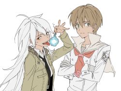 1boy 1girl black_necktie brown_hair cgvske1003 collared_shirt crossed_arms genderswap genderswap_(ftm) genderswap_(mtf) gloves green_eyes grey_jacket hair_between_eyes highres holding jacket long_hair long_sleeves looking_at_viewer maka_albarn neckerchief necktie open_mouth red_neckerchief school_uniform sharp_teeth shirt simple_background soul_eater soul_evans teeth tongue tongue_out upper_body white_background white_hair white_shirt
