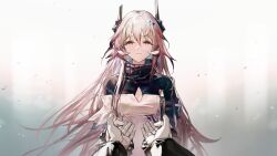 1girl 1other :| arknights black_horns black_shirt cleavage_cutout closed_mouth clothing_cutout cowboy_shot doctor_(arknights) dot_nose dress game_cg hair_between_eyes highres holding_hands horns layered_clothes long_hair long_sleeves looking_at_viewer official_art outstretched_arms pink_hair pov pov_hands red_eyes shirt sidelocks solo_focus straight-on straight_hair theresa_(arknights) third-party_source turtleneck turtleneck_shirt very_long_hair white_dress