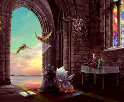 00s 1990s_(style) bell book bouquet bridal_veil cameo candle carpet church cityscape flower gen_1_pokemon gen_2_pokemon gen_3_pokemon gyarados indoors jewelry milotic nintendo no_humans petals pidgey pokemon pokemon_(creature) pokemon_gsc pokemon_rgby pokemon_rse retro_artstyle ring roselia_(pokemon) sky stained_glass sunset table togetic veil wedding window wreath zenmai_hizu