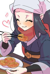 Rule 34 | 1girl, :t, akari (pokemon), black hair, black sash, blush, chopsticks, closed eyes, closed mouth, commentary request, eating, eyelashes, food, happy, headscarf, heart, highres, holding, holding chopsticks, holding with chopsticks, imomochi, jacket, long hair, nintendo, plate, pokemon, pokemon legends: arceus, red scarf, sasami 642, sash, scarf, sidelocks, sitting, solo, table