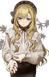 1boy adjusting_clothes alternate_costume blonde_hair blush bracelet brown_nails closed_mouth commentary_request crossdressing green_eyes hair_between_eyes hat highres jewelry leaf long_hair long_sleeves male_focus nail_polish ni_22 nijisanji shirt simple_background solo trap uzuki_kou virtual_youtuber white_background