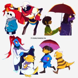2others 3boys 3girls alphys blue_skin brown_hair coat colored_skin deltarune english_text frisk_(undertale) full_body glasses highres holding holding_umbrella kanianoreki kris_(deltarune) long_hair monster_kid_(undertale) multiple_boys multiple_girls multiple_others papyrus_(undertale) purple_skin sans_(undertale) short_hair simple_background skeleton susie_(deltarune) umbrella undertale undyne upper_body walking white_background white_coat