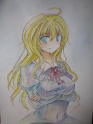 Rule 34 | 1girl, ahoge, blonde hair, blue eyes, female focus, ghostly field club, highres, hokamichi, maribel hearn, painting (medium), solo, taji (crowview), touhou, traditional media, watercolor (medium)