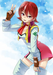 1girl :d ascot breasts collarbone cosplay dress female_focus flipped_hair highres large_breasts long_sleeves looking_at_viewer open_mouth pink_dress red_ascot red_eyes red_fingernail_polish red_hair red_vest school_girl_strikers short_hair smile solo thighhighs uragami_akara utsugi_mikoto utsugi_mikoto_(cosplay) v vest white_thighhighs yuusha_ou_gaogaigar yuusha_series