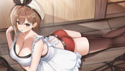 1girl akipopopopoon apron ass atelier_(series) atelier_ryza azur_lane black_thighhighs breasts brown_eyes brown_hair cleavage clover_hair_ornament commentary_request frilled_apron frills hair_ornament hat highres large_breasts looking_at_viewer micro_shorts official_alternate_costume on_floor open_mouth red_shorts reisalin_stout reisalin_stout_(new_culinary_horizons) short_hair shorts solo thighhighs thighs undershirt white_apron white_hat wooden_floor
