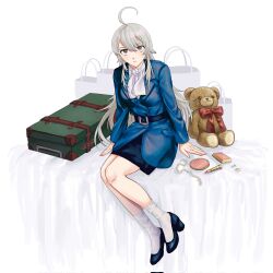 Rule 34 | 1girl, ahoge, bag, black shoes, black skirt, blue jacket, closed mouth, commentary request, corrupted twitter file, cosmetics, grey eyes, grey hair, hair between eyes, highres, jacket, kantai collection, lipstick tube, long hair, long sleeves, looking at viewer, nidou, shoes, shopping bag, sitting, skirt, socks, solo, stuffed animal, stuffed toy, suitcase, teddy bear, washington (kancolle), white socks