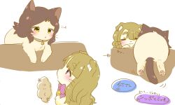 Rule 34 | animal, animal collar, animal focus, animalization, arrow (symbol), bell, blush, bow, bowtie, brown eyes, brown hair, cat, closed eyes, collar, highres, hutaba, idolmaster, idolmaster million live!, kitazawa shiho, long hair, miyao miya, neck bell, no humans, parted lips, pink bow, pink bowtie, simple background, speech bubble, translation request, white background