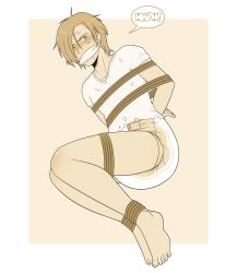 1boy ash_lynx banana_fish bdsm bondage bound brown_eyes brown_hair bulge diaper ear_piercing feet highres pieceofsoap piercing rope toes